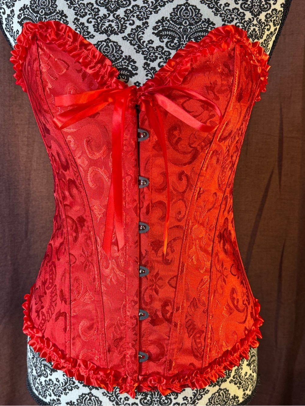 Red Satin Brocade Corset Top With Ruffles and Ribbons size M